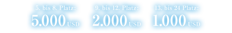 5. bis 8. Platz 5.000 USD 9. bis 12. Platz 2.000 USD 13. bis 24 Platz 1.000 USD